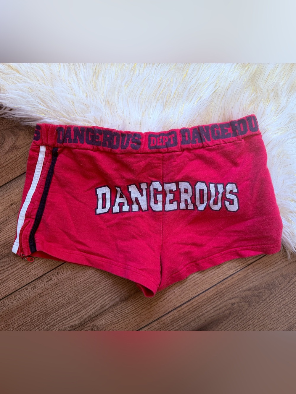 Vintage Y2K Instant Action Red “Dangerous” Stripe Micro Bootie Short Size Medium